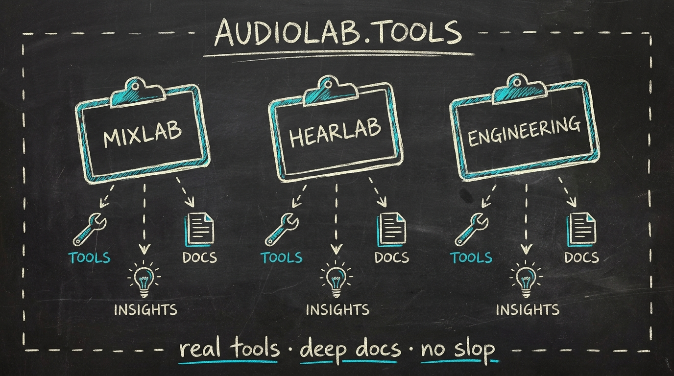 Hand-getekende schets: AUDIOLAB.TOOLS bovenaan, drie clusters MIXLAB / HEARLAB / ENGINEERING, elk met TOOLS / DOCS / INSIGHTS pillaren, onderschrift 'real tools · deep docs · no slop'.