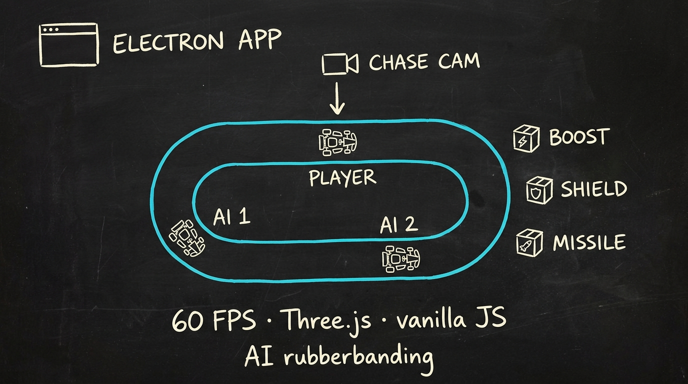 Hand-getekende schets: Electron-app met chase-cam boven een racetrack-loop, drie karts (PLAYER + AI 1 + AI 2), powerups (BOOST, SHIELD, MISSILE), annotaties '60 FPS · Three.js · vanilla JS' en 'AI rubberbanding'.