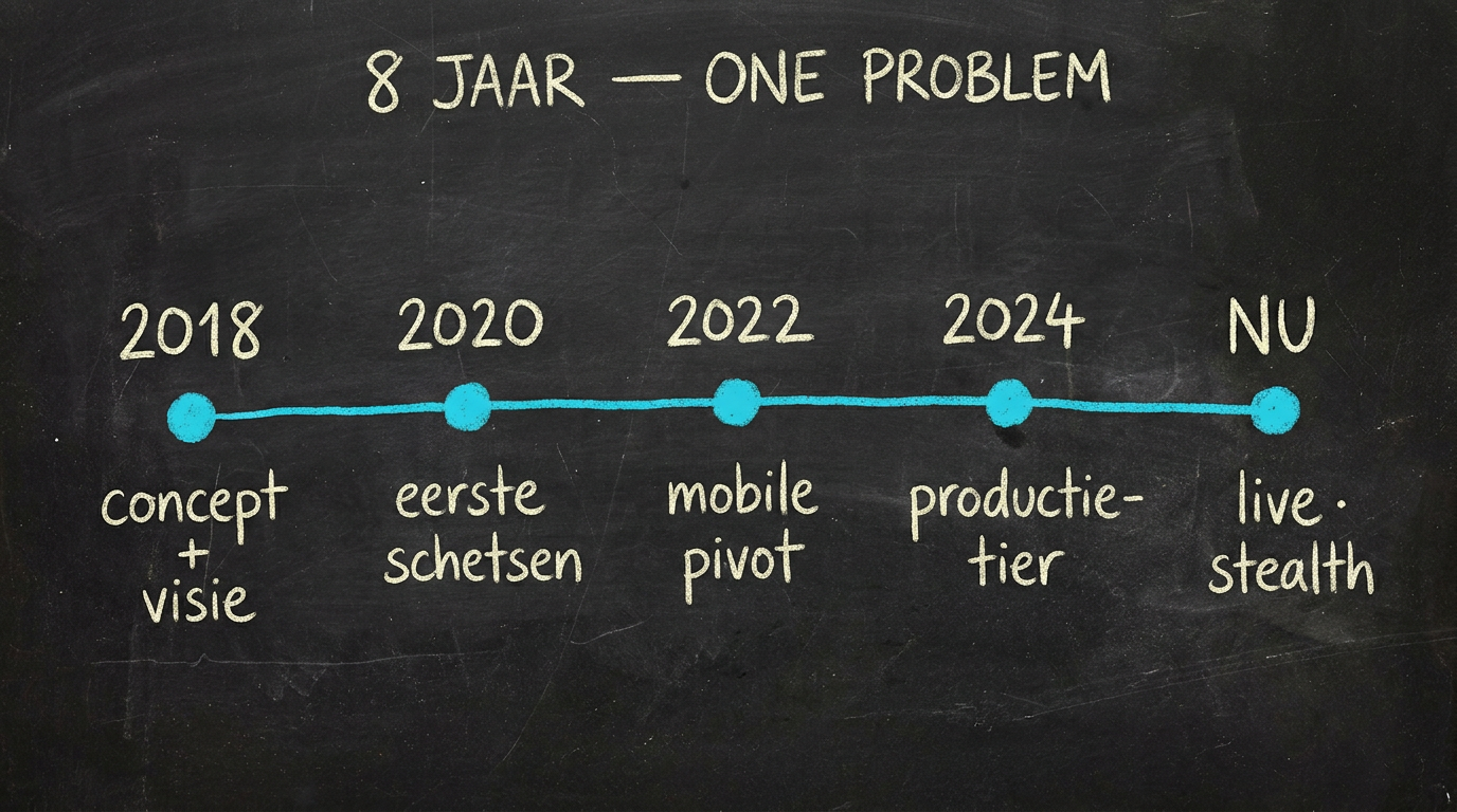 Hand-getekende tijdlijn op blackboard: 8 JAAR — ONE PROBLEM. Vijf fases tussen 2018 en nu: concept + visie (2018), eerste schetsen (2020), mobile pivot (2022), productie-tier (2024), live · stealth (nu).
