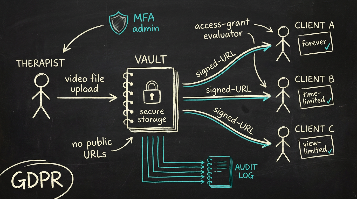 Hand-getekende architectuur-schets: therapist uploadt naar VAULT (notebook met slot), MFA-shield voor admin, drie clients met access-grants (forever / time-limited / view-limited), audit-log notitieboek aan onderkant, annotaties 'no public URLs', 'access-grant evaluator', 'GDPR'.